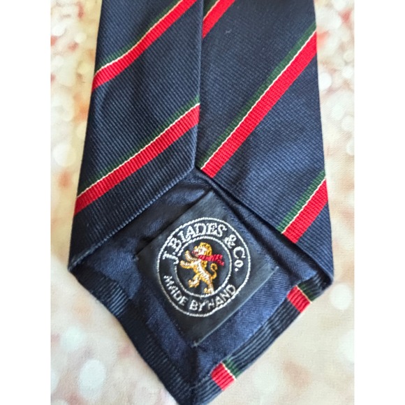 J. Blades & Co. Tie Navy Blue Red Green Striped Silk Made By Hand Mens - Picture 1 of 8